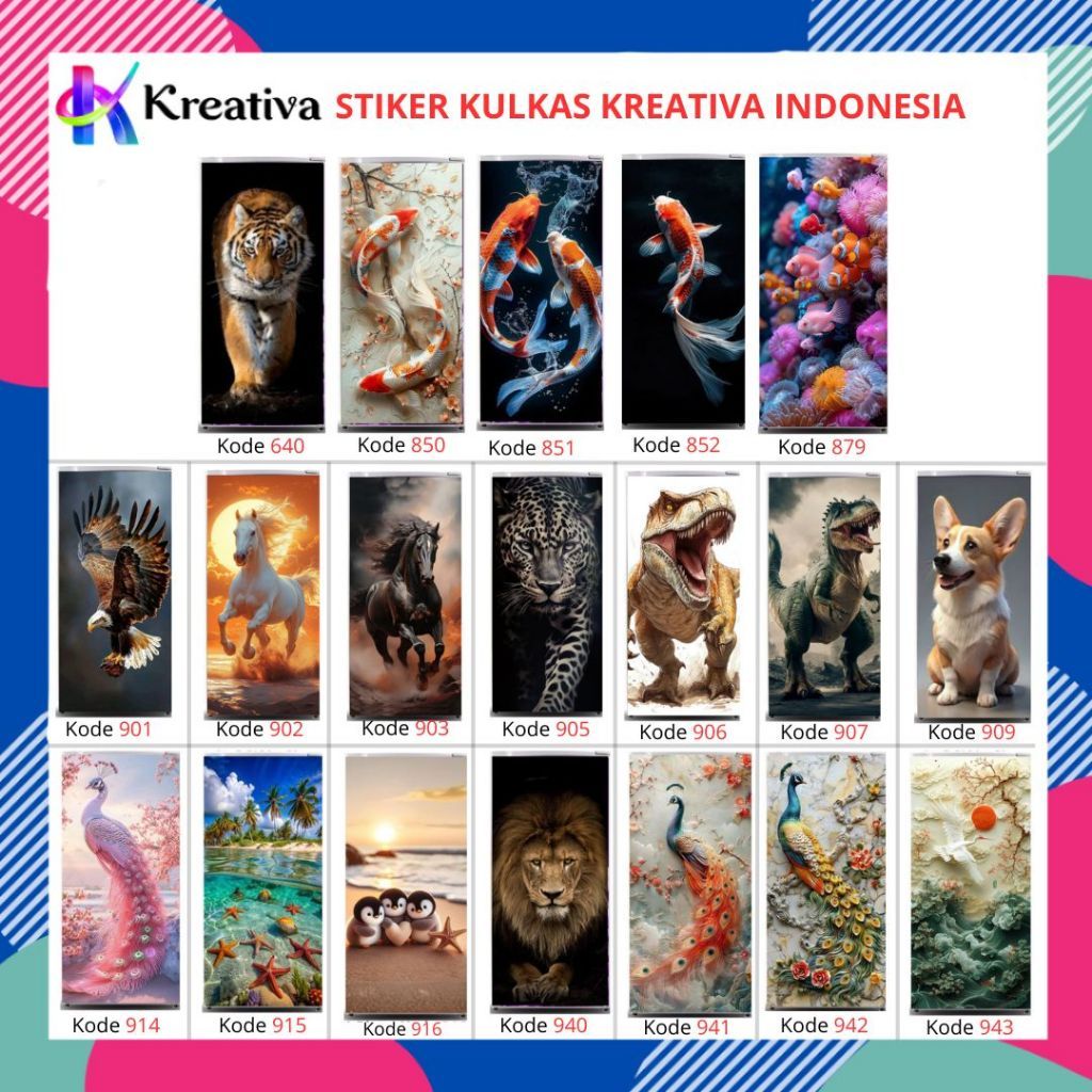 GLOSSY LAMINATING ตู้เย็น STICKER ขนาด 1 ประตู หรือ 2 ประตู FISH / HARIMAU / SINGA / HORSE /DINOSAURUS /ELANG Motif สติ๊กเกอร์