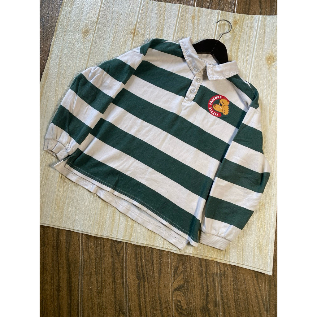 KATUN HIJAU เสื้อโปโลลายทางสีเขียวขาวแบรนด์เด็กชายคอปก ไซส์ 140 8T 9T 10T