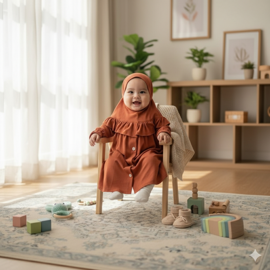 F4 - Aesthetic Earth Tone Plain Baby Gamis Hijab Set - เสื้อผ้าเด็กผู้หญิง Eid ใหม่ล่าสุด