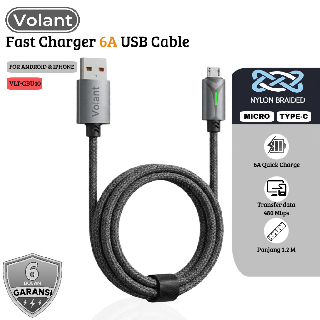 VOLANT Fast สายชาร์จข้อมูล 6A Micro TYPE C สายชาร์จ Anti-Tangle USB to C 1.2M VLT-CBU10 สายเคเบิลข้อ