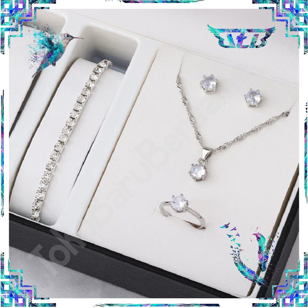 TBB 5 ชิ้นเพทายชุดเครื่องประดับสร้อยคอสร้อยข้อมือแหวนต่างหู 4in1 แฟชั่นยุโรปและอเมริกาเครื่องประดับแ