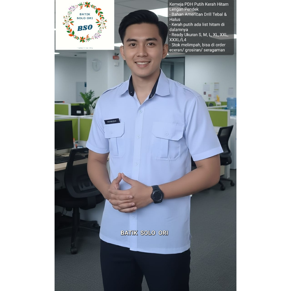 KAMEJA เสื้อเชิ้ต PDH สีขาวผู้ชายคอปกสีดํา วัสดุเจาะพรีเมี่ยมสวมใส่สบายทุกวัน ชุด PDH สีขาวแถบดํา PN