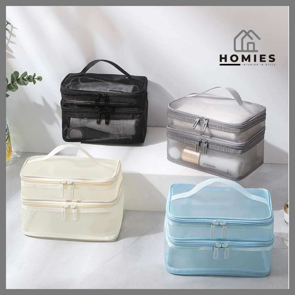 2 ชั้น Mesh BAG Makeup POUCH Cosmetic BAG SKINCARE TRAVEL ORGANIZER