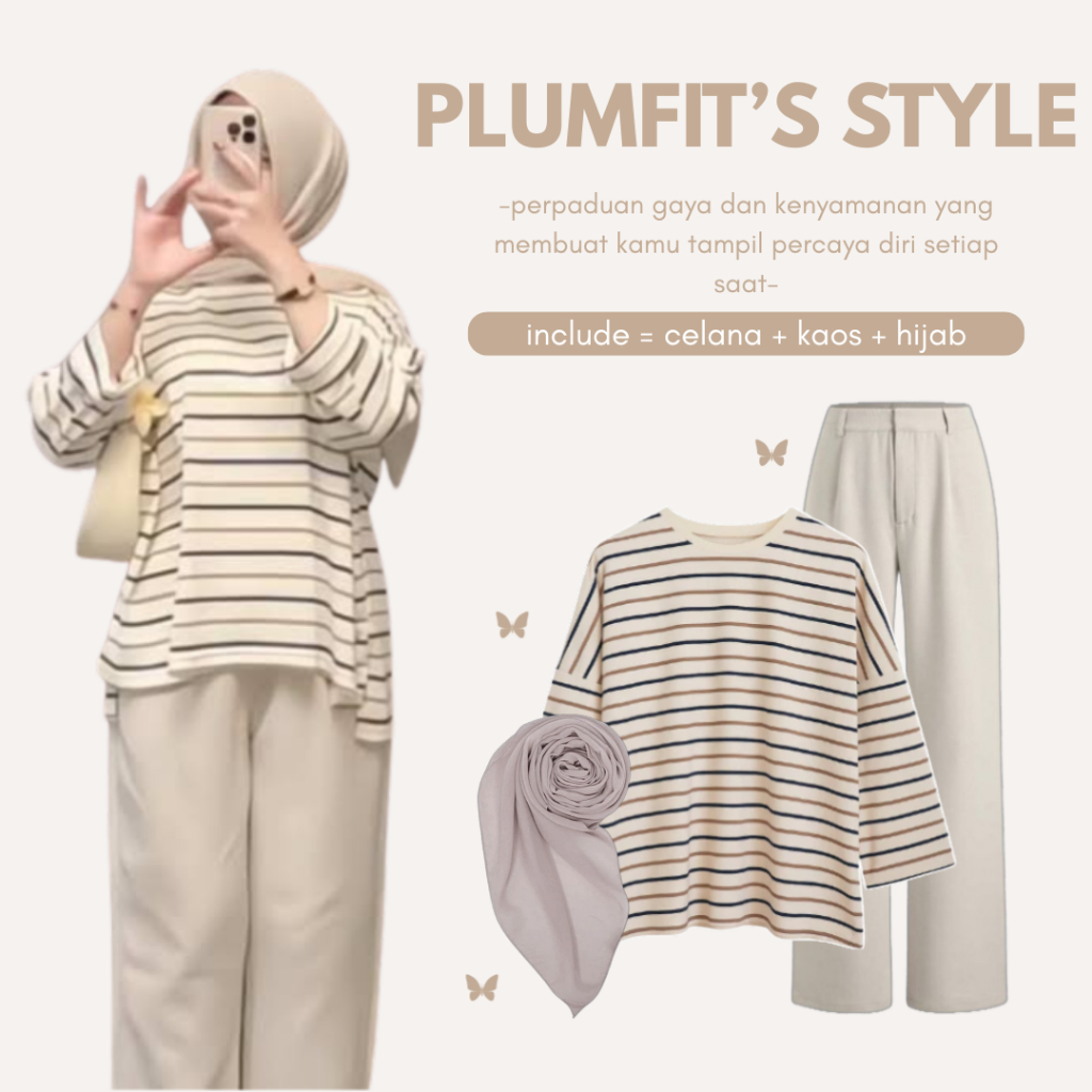 ชุดเดียวสําหรับผู้หญิงยุคใหม่ | เสื้อยืด Plumfit Top + กางเกง + Bella Square Hijab | ชุดประจําวัน | 
