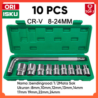 ISKU Kunci Sok Set 10 Pcs Gagang L 1/2 Inch 8-24mm Baja CR-V Asli Kunci Shock Socket Wrench Alat Bengkel Motor Mobil Buka Baut Karat Torsi Besar Anti Slek Dol Karat Presisi 6PT Hard Case Box Tebal Heavy Duty Original BISA COD