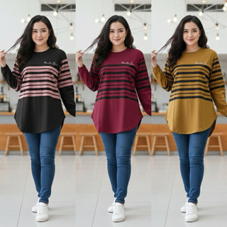 Kaos Salur Oval Tangan Karet Lengan Panjang Katun Combed Adem Halus Blouse Oversize Wanita Atasan Harian