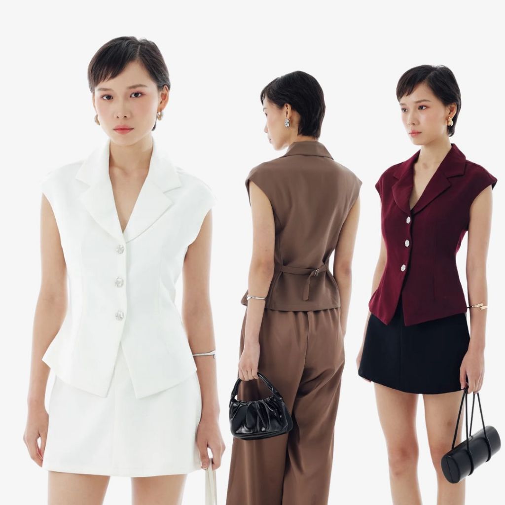 PRUDENCE TOP – OUDRE | เสื้อท็อปผู้หญิง | เสื้อกั๊กสตรี | เสื้อกั๊กท็อปแขน | ปุ่มคริสตัล