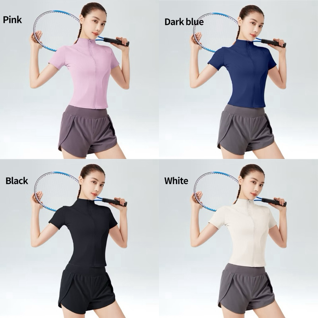ชุดกีฬาคอปกสําหรับผู้หญิง 1232-1 || PILATES GYM TENNIS เสื้อกีฬา || SHORT-SLEEVED DRY FIT ZIPPER TOP
