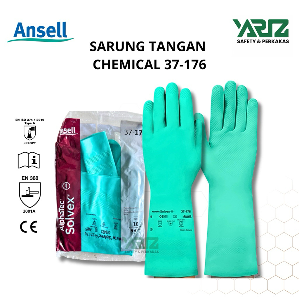 Ansell AlphaTec Solvex 37-176 ถุงมือเคมีไนไตรล์ ถุงมือนิรภัยสีเขียว Original - ทนสารเคมีและน้ํามัน