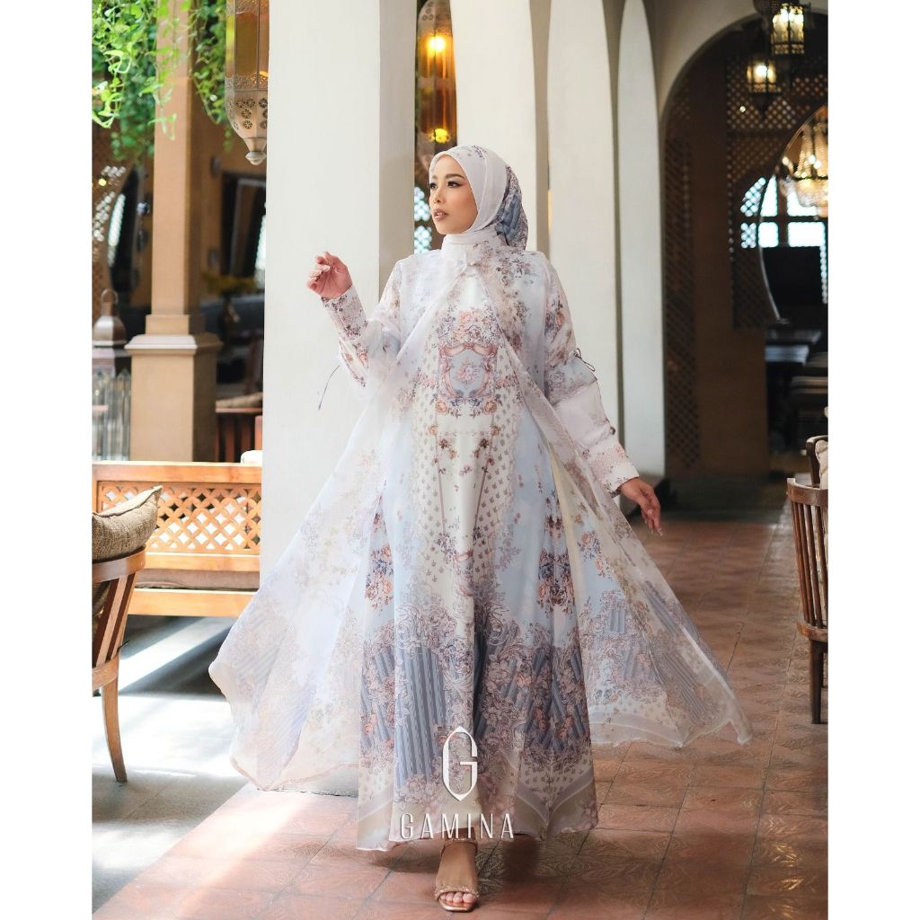 MAWAR Gamina Gamis ชุดผ้าไหมงาช้าง Rose Flower Motif ด้านนอก Organza ด้านในผ้าไหมผ้านุ่มหรูหรา Syari