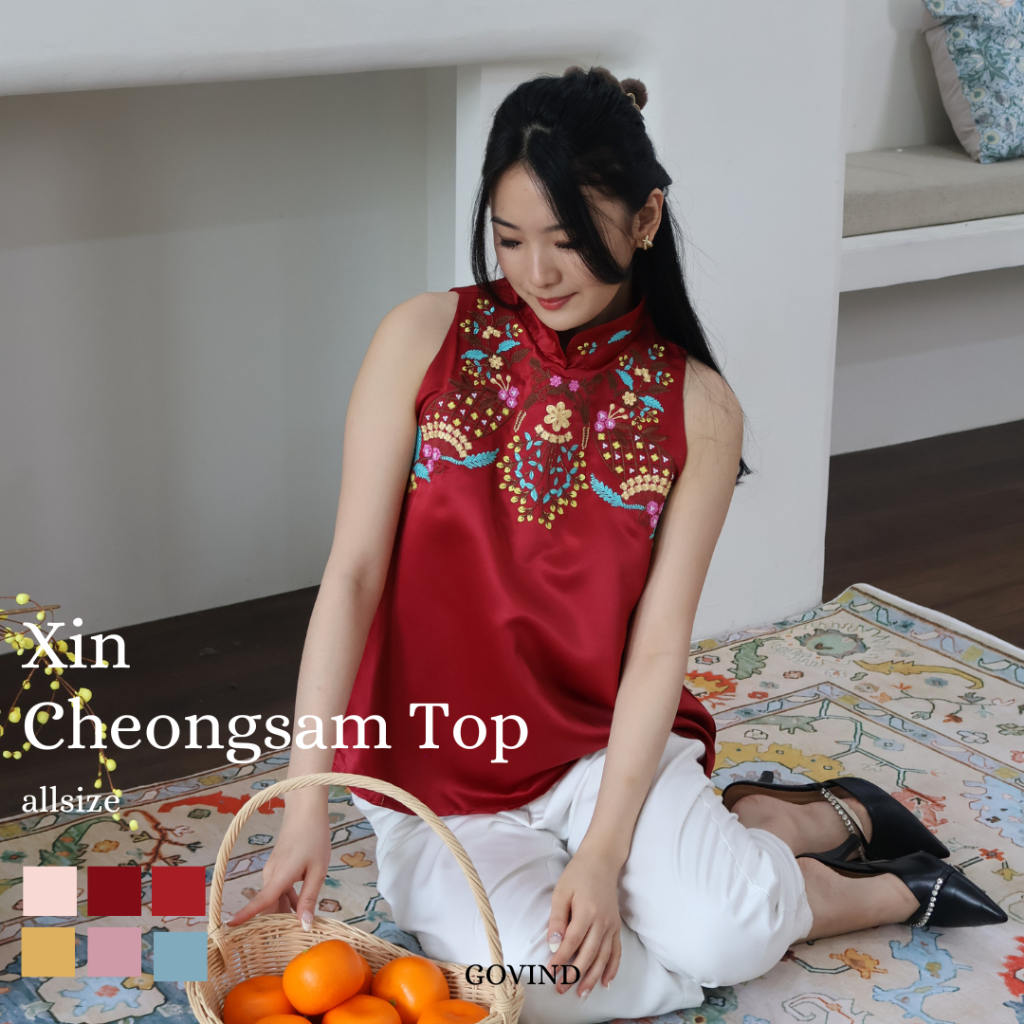 Govid.idn - เสื้อคล้องคอ Xin Cheongsam / เสื้อตรุษจีนแขนกุด / เสื้อเสื้อกั๊กตรุษจีน / เสื้อตรุษจีนปั