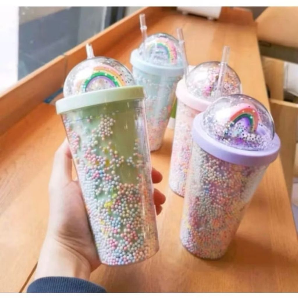 0ขวดเครื่องดื่ม Tumbler Glitter Rainbow Foam 550ml Tumbler Glass สวยไม่ซ้ําใคร
