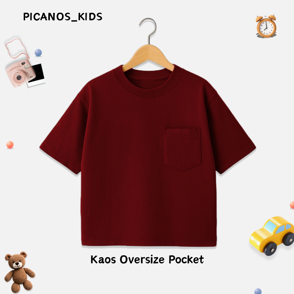 PICANOS KIDS - เสื้อยืดกระเป๋าเด็ก Maroon โอเวอร์ไซส์ / เสื้อยืดเด็ก Maroon Plain / เสื้อกระเป๋าเด็ก