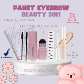 (BPOM 3in1) Aybrow Beauty Paket Ngalis 3in1 - Paket Eyebrow Powder 3in1 (Powder Alis, Cetakan Tali 12pcs, Concealer+ Sikat Alis dan Cetakan Single)