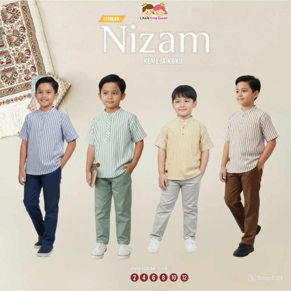 KEMEJA Nizam Koko Shirt Set ผ้าฝ้ายแถบ วัสดุ Size 4-12 By Little King & Queen