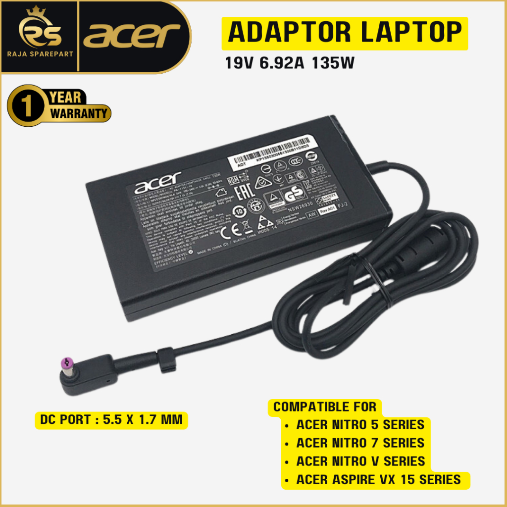 Acer Nitro 5 Nitro 7 Nitro V Aspire 7 VX 15 19V 6.92A 65W AN515 AN715 ANV15 อะแดปเตอร์ชาร์จแล็ปท็อป