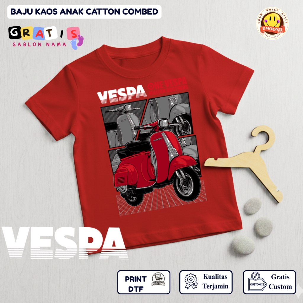 VESPA ONE MILLION BROTHER MOTORCYCLE เสื้อยืดเด็กสําหรับเด็กชายและเด็กหญิง / ไซส์ 1-12 ปี | จีดี จีด