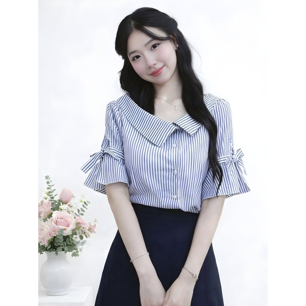 เสื้อสตรีสไตล์เกาหลีแขนริบบิ้นลายทาง - Modern Elegant Casual Office Top Marina Ribbon Ro