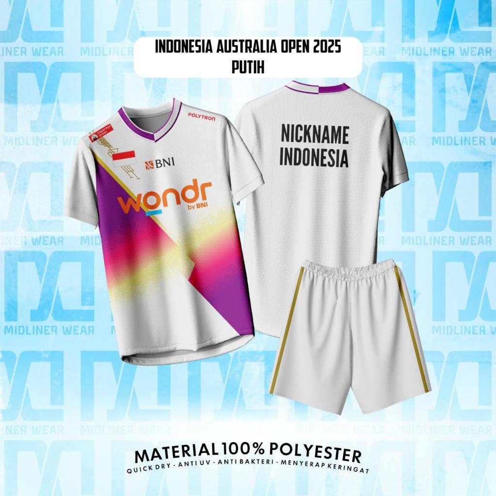 เสื้อเด็กและผู้ใหญ่ BADMINTON INDONESIA AUSTRALIA OPEN WHITE 2025 Dryfit – ชุดสูทแขนสั้นยาว/ชื่อที่ก