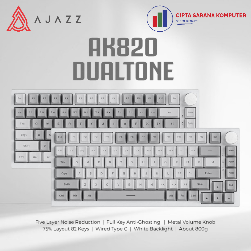 Ajazz AK820 Dual Tone 75% คีย์บอร์ดแบบกลไกแบบมีสายแบ็คไลท์สีขาว