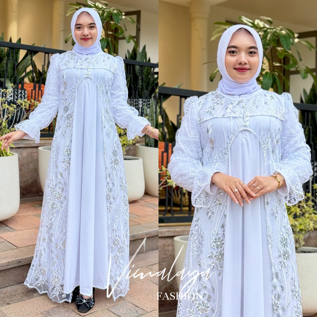 ชุดพยาบาลอีดสีขาว 2ใน1 กระเบื้องด้านนอกเลื่อมเย็บปักถักร้อยเสื้อผ้ามุสลิม เวลามา 76781