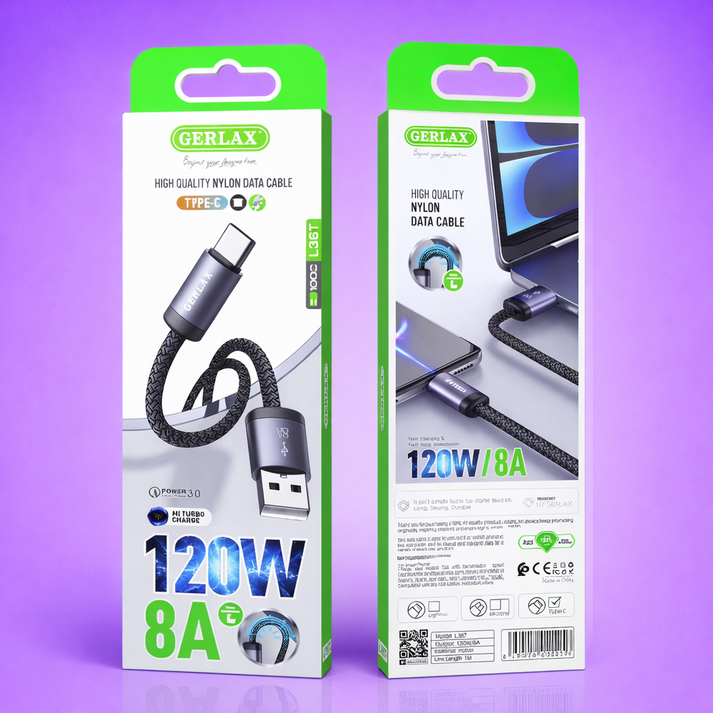 GERLAX - GERLAX L36T Type-C 120W 8A QC3.0 Fast Charging ไนลอน Android Data Cable