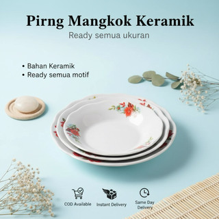 Piring makan keramik Lucky putih motif kembang MERAH - Piring Serbaguna 3 Ukuran