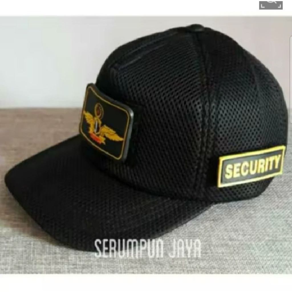 BLACK DOUBLE MESH SECURITY WINGS LOGO NET HAT - DOUBLE MESH SECURITY WINGS NET HAT 3 PATCH RUBBER - 