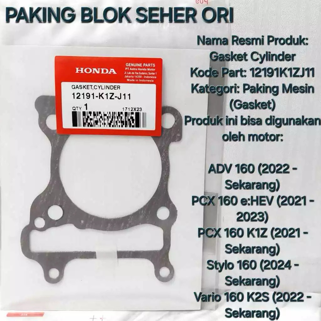 12191-K1N-J11 PAKING PERPAK GASKET CYLINDER BLOCK VARIO K2S PCX K1Z ADV STYLO 160 12191K1NV01