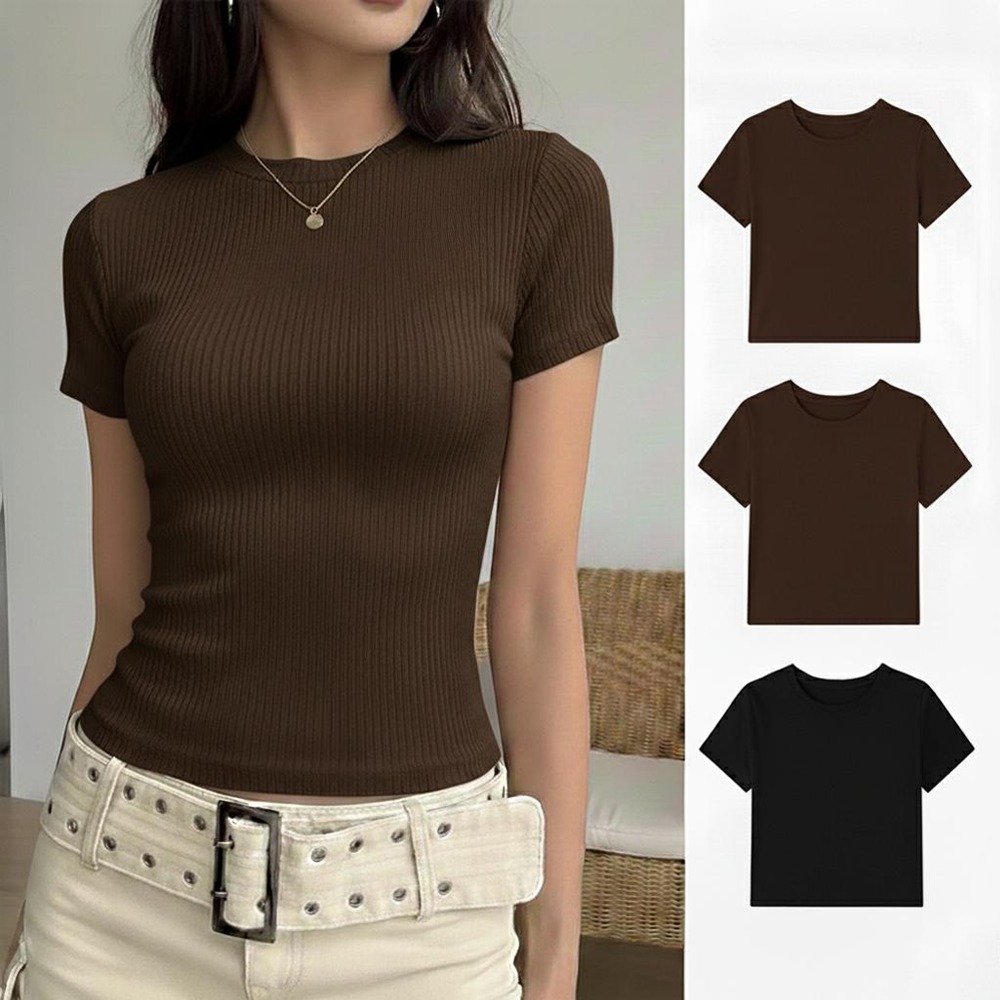 PLATINUM WORLD เสื้อยืด Top Knit Regular Plain O Neck Fit Body - เสื้อยืดธรรมดาผู้หญิง L3