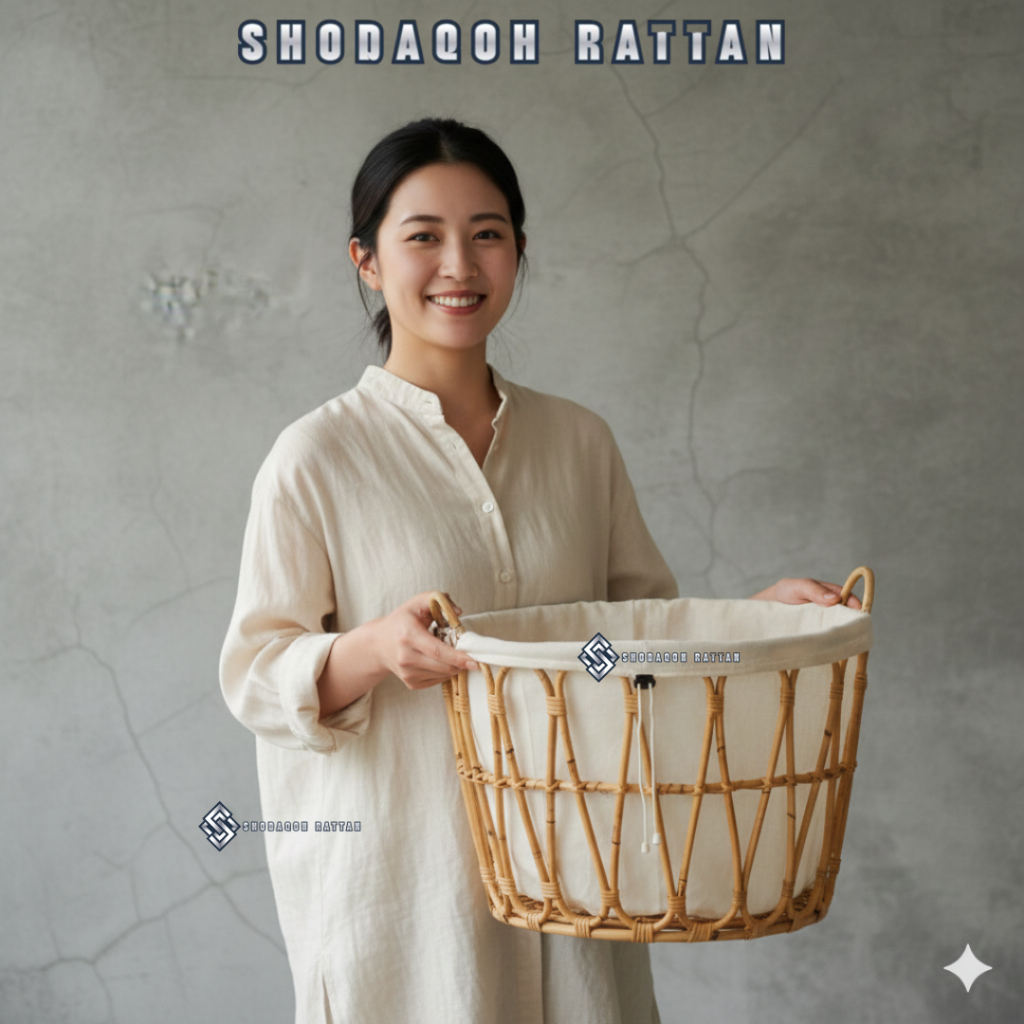 ตะกร้าซักผ้าหวายกลมสําหรับเสื้อผ้าคุณภาพส่งออก