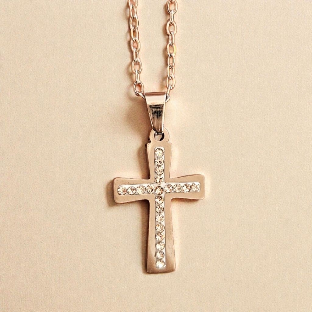 สร้อยคอไม้กางเขนเงินมุกสแตนเลส 2.3 ซม. P35/35e