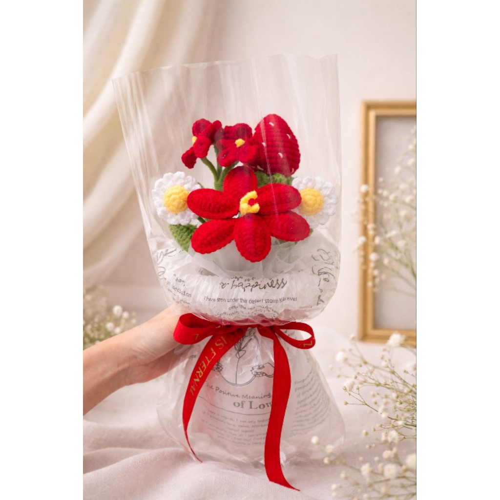 KNITTED STRAWBERRY BOUQUET / KNITTED TULIP BOUQUET / VALENTINES BOUQUET / KOREAN STYLE BOUQUET / ATE