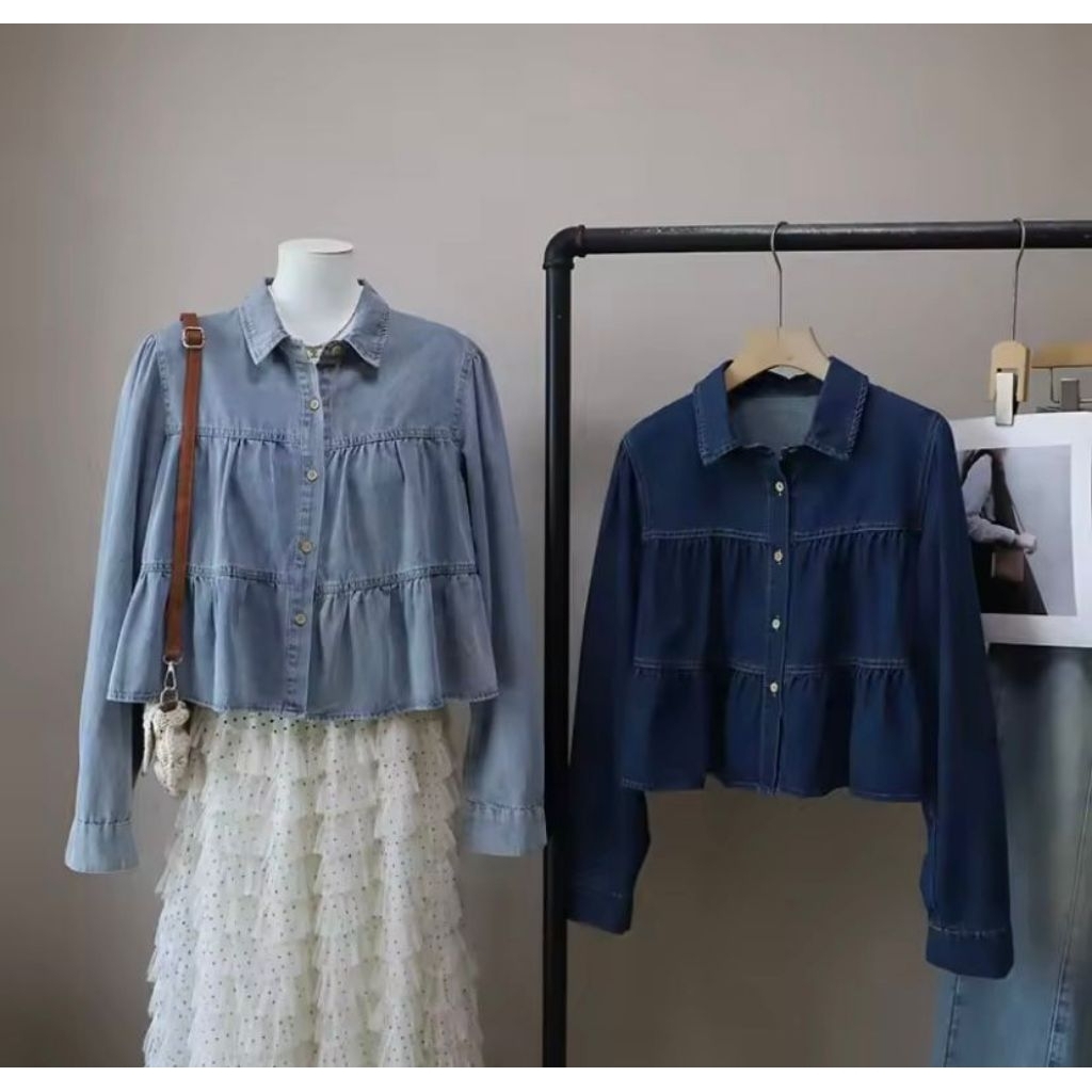 KEMEJA เสื้อครอปสตรีแขนยาวเสื้อเชิ้ตยีนส์มีสไตล์สบาย