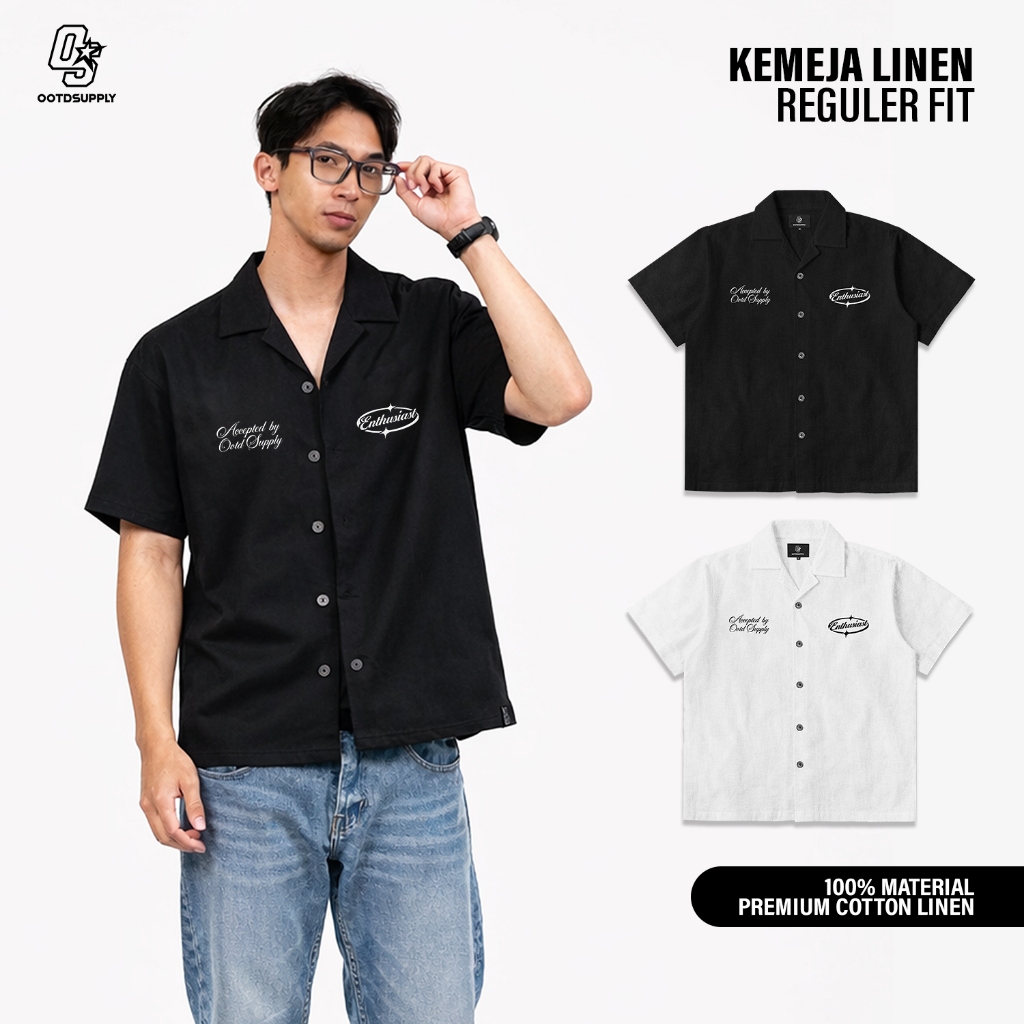 KEMEJA OOTDSUPPLY เสื้อปกติ ผ้าลินิน รับปักรูปไข่ Black & White | เสื้อคอปกเปิด | แขนสั้นพรีเมี่ยม |