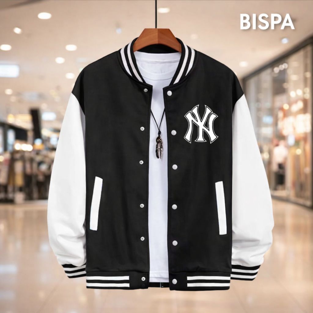 ผู้ใหญ่ผู้ชายปุ่มเบสบอล Varsity Jacket Cool Motif Varsity ปุ่ม NY WHITE Premium ปุ่ม Varsity Jacket 