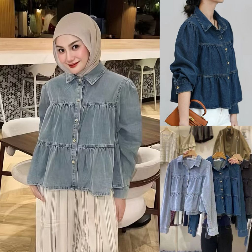 KEMEJA NANDO CUTE RUFFLE DENIM SHIRT LONG SLEEVE BABYDOLL PREMIUM SUPER QUALITY 8441