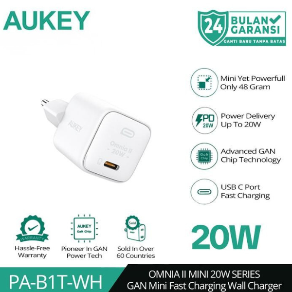 AUKEY PA-B1T Omnia II Mini Charger GaN 20W USB-C PD 3.0 Fast Charging l สีขาว