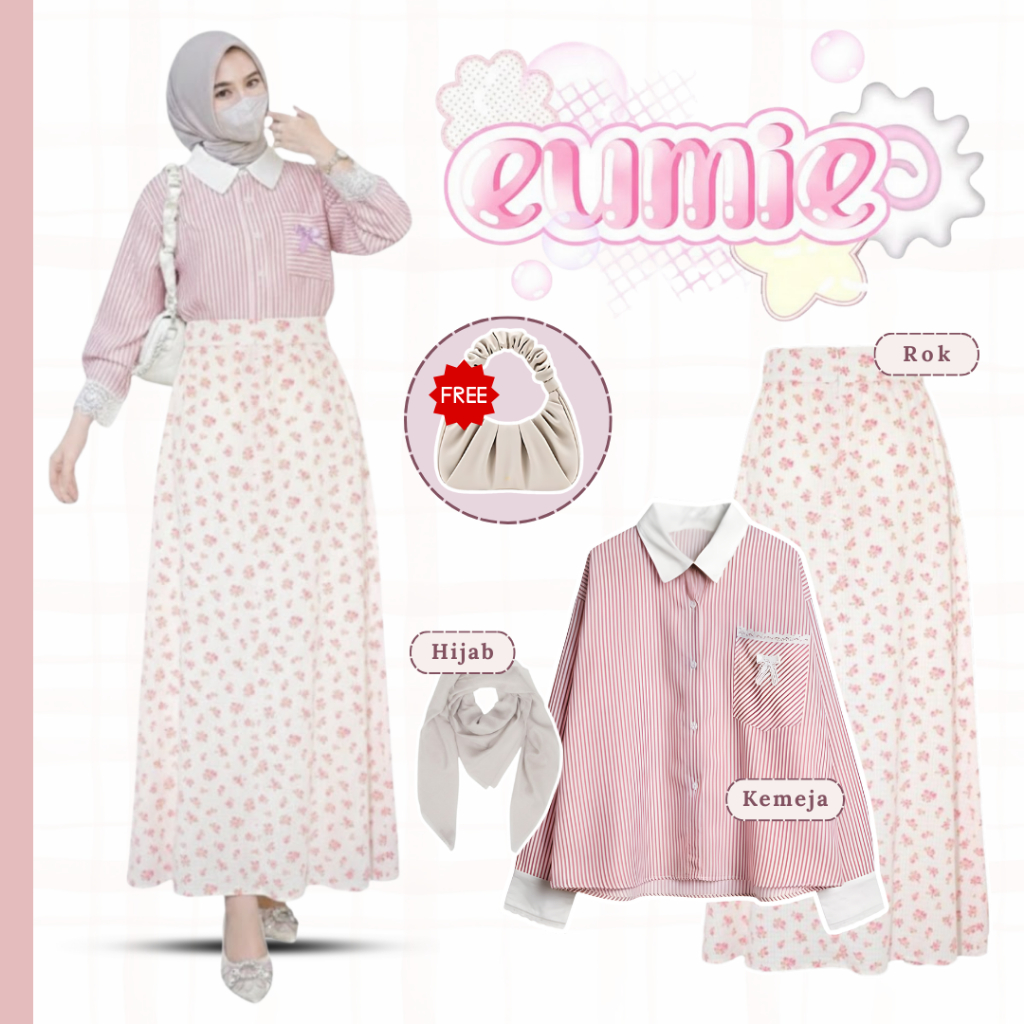 4in1 โมเดิร์นวัยรุ่นชุดลายเสื้อกระโปรง Hijab Motif Bella Square ฟรี Drawstring Bag - ชุด KA217