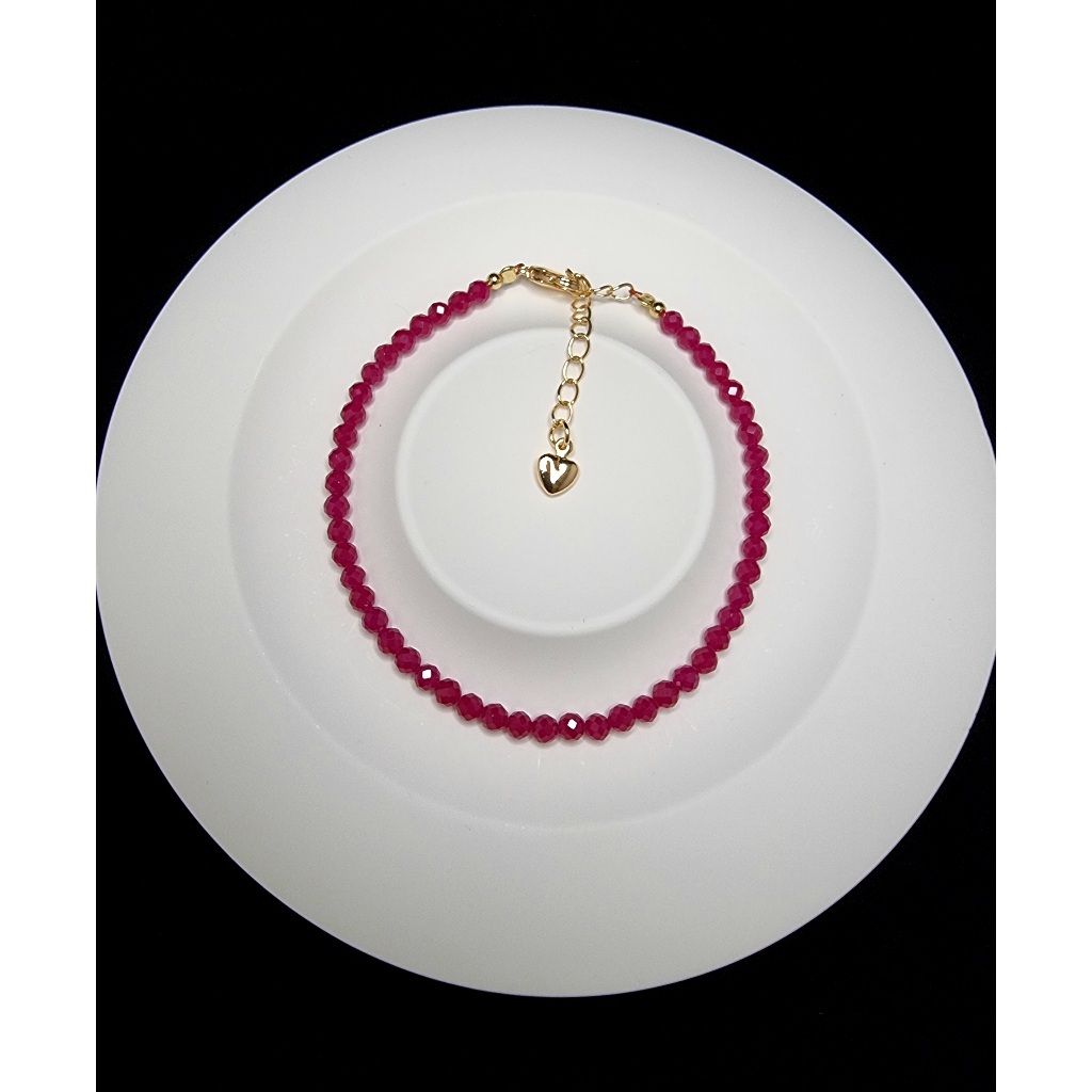 14K Gold Chrome สร้อยข้อมือสีแดง Ruby Stone Myanmar ตัดธรรมชาติ 5A 3 มม.C1537