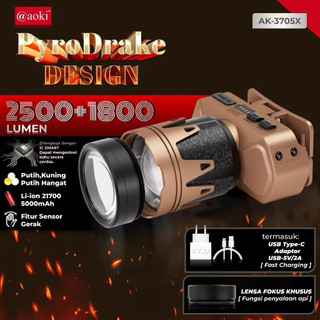 (ORIGINAL 100% AOKI) Senter Kepala LED Zoom PUROSRAKE Laser 2500 LUMEN 3 Cahaya Putih Kuning dan Putih Hangat dan Bisa Menyulut Api