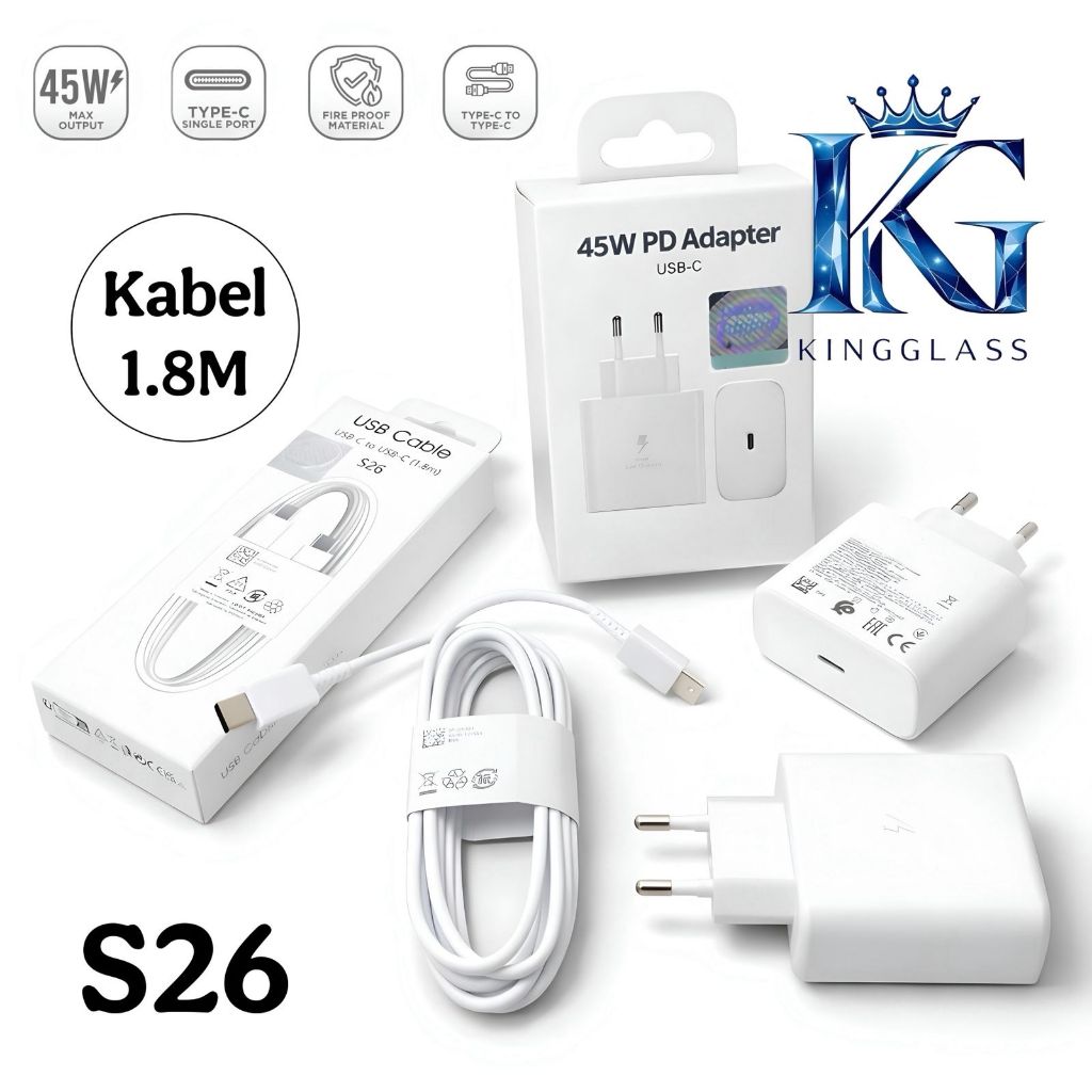 เครื่องชาร์จ Gan S26 45W อะแดปเตอร์ USB-C + สาย 1.8M C to C – ชาร์จเร็วเข้ากันได้กับ Samsung Galaxy 