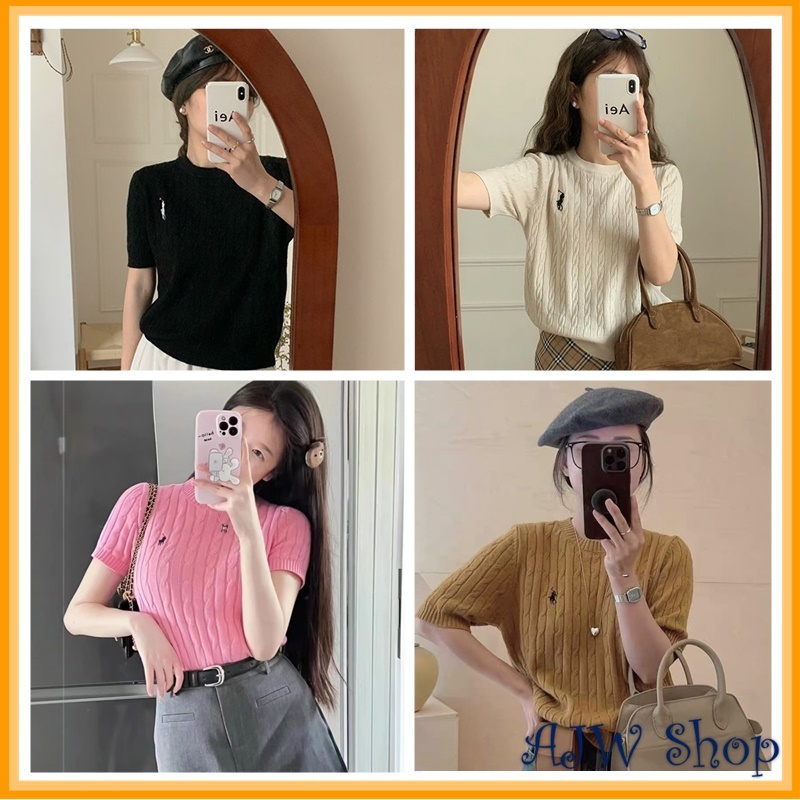 AJW Womens Cable Knit Polo Top สไตล์เกาหลี HCE | เกาหลีเสื้อลําลองโปโลลายนูนเสื้อยืดด้านบน | เสื้อถั