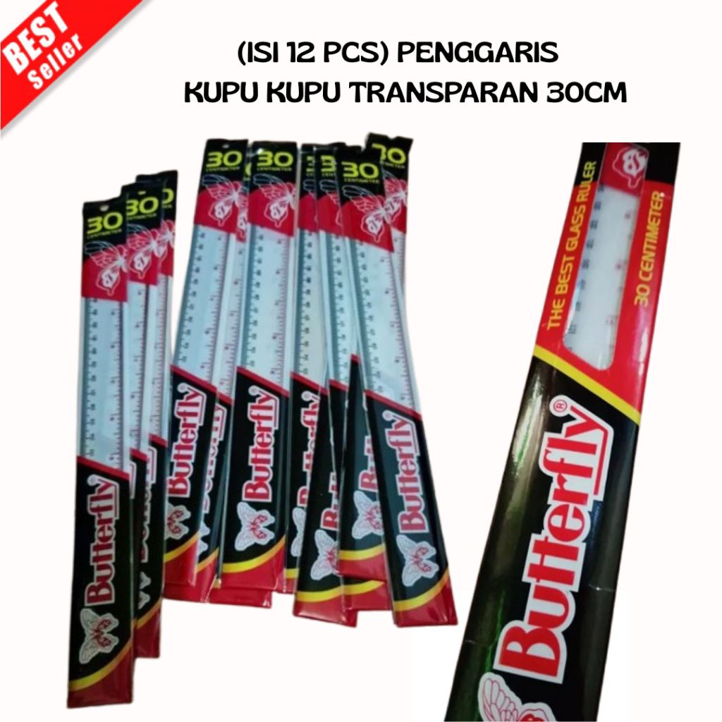 (1 กล่อง CONTAINS 12 ชิ้น) BUTTERFLY RULER 30CM TRANSPARKENT BUTTERFLY RULER 30CM (SUF)