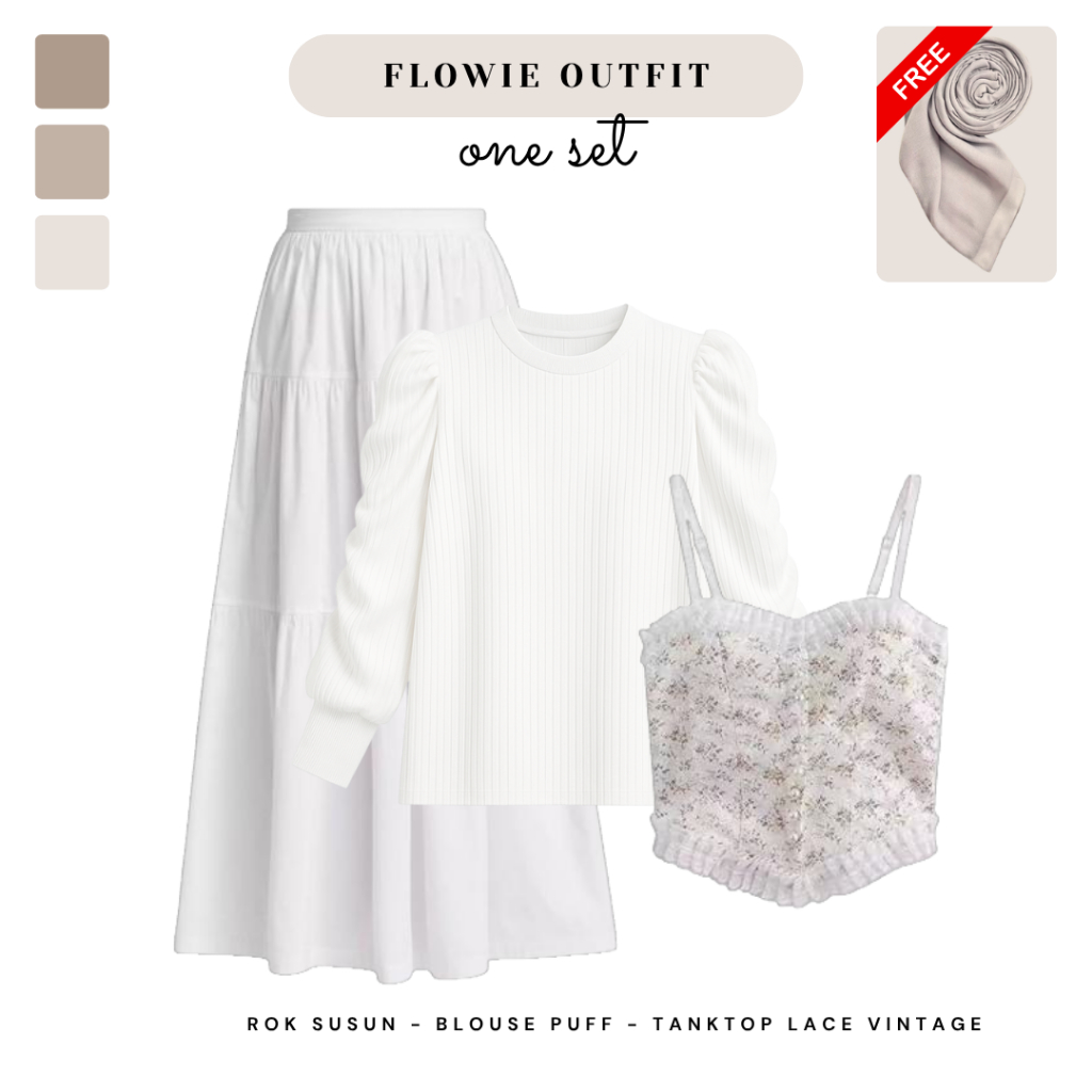 One Set Outfit Vintage Cottagecore (เสื้อพัฟ, เสื้อกล้ามลูกไม้ลายดอกไม้, กระโปรงชั้นสีขาว) - CTO98