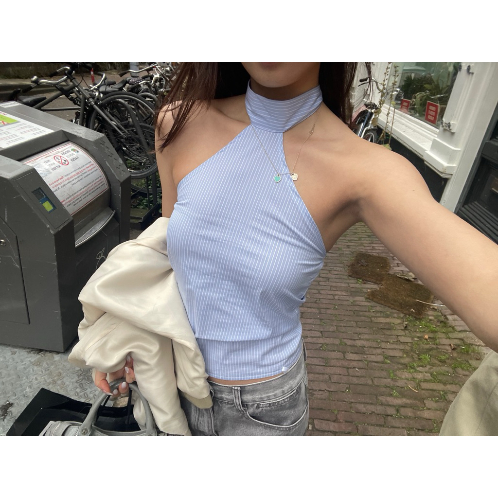 KATUN NINA HALTER | แถบผ้าฝ้ายด้านบนริบบิ้นพื้นฐานอย่างเป็นทางการแบบสบาย ๆ