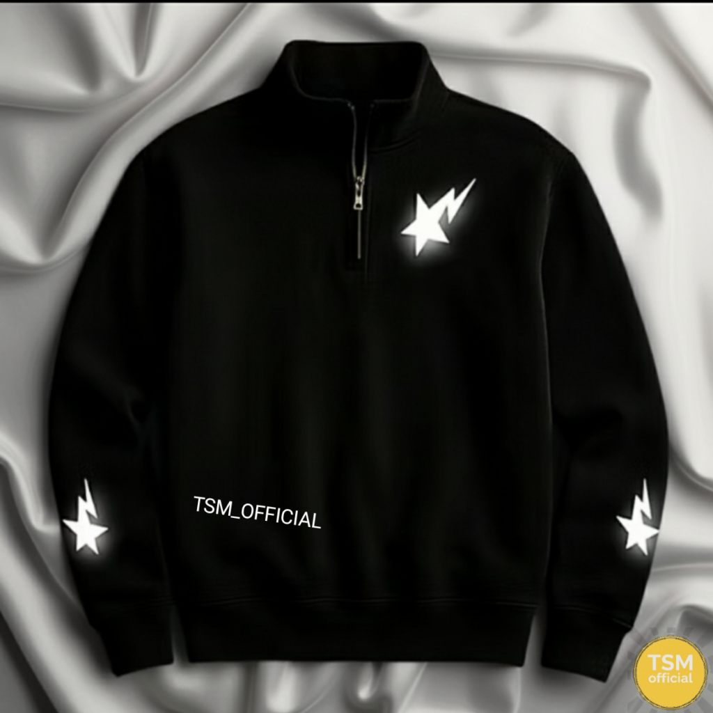 Tsm Lightning Star เสื้อกันหนาว Light Up หนา 280 Gsm Halfzipper ผู้ชายผู้หญิงสะท้อนแสงสีดําธรรมดา Li