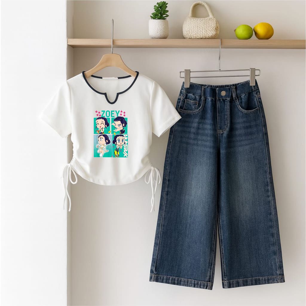 KATUN ชุดเสื้อผ้าเด็กผู้หญิง: เสื้อยืดผ้าฝ้ายแขนสั้นลาย Zoey Huntrix Kpop Demon Hunter และกางเกงยีนส