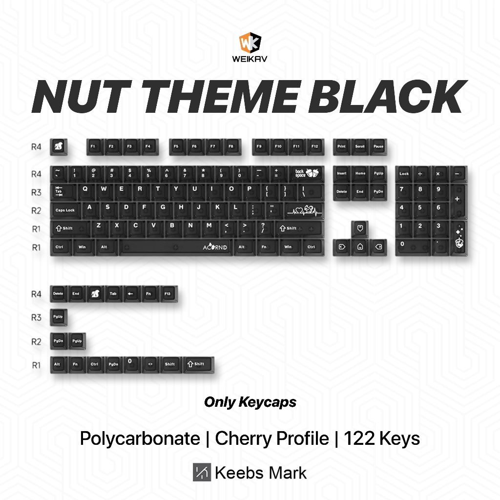 Weikav Nut65 Nut Theme Black Keycaps Polyคาร์บอเนต 122 คีย์ Cherry Profile คีย์บอร์ดเครื่องกล