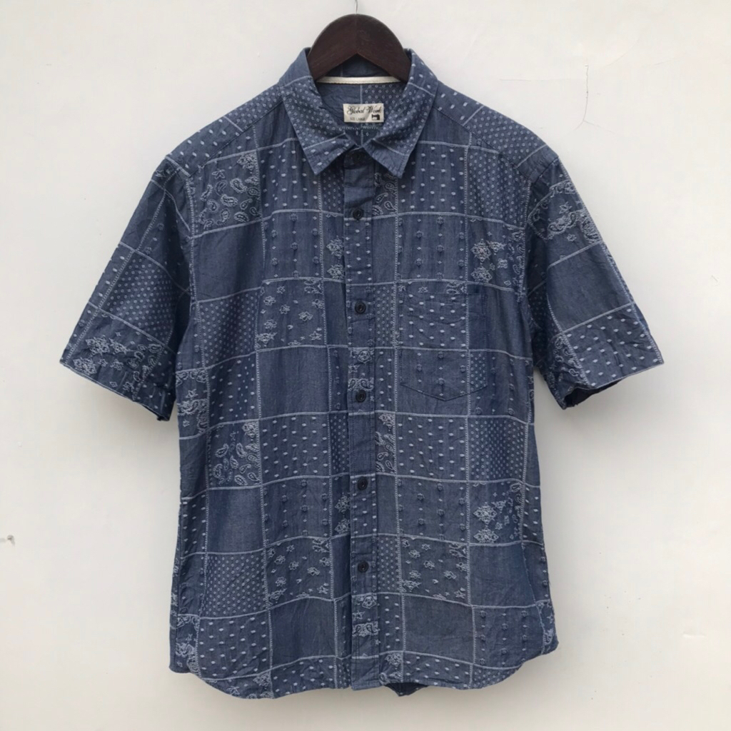 KEMEJA Shirt by Global Work Bandana Paisley Patchwork Shirt Blue sz Large
